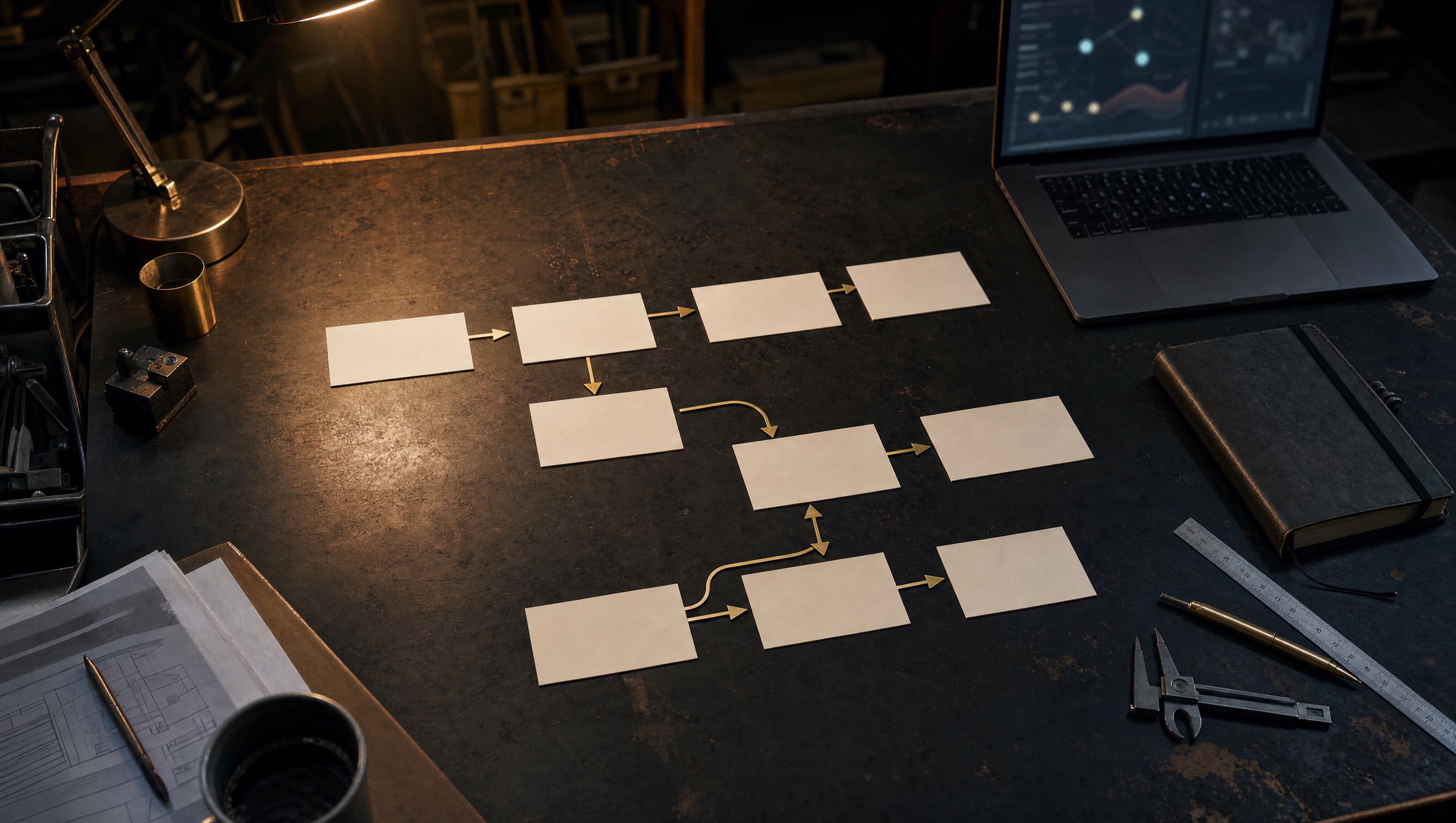 Dark workbench with scattered business notes organized into a clear workflow map.