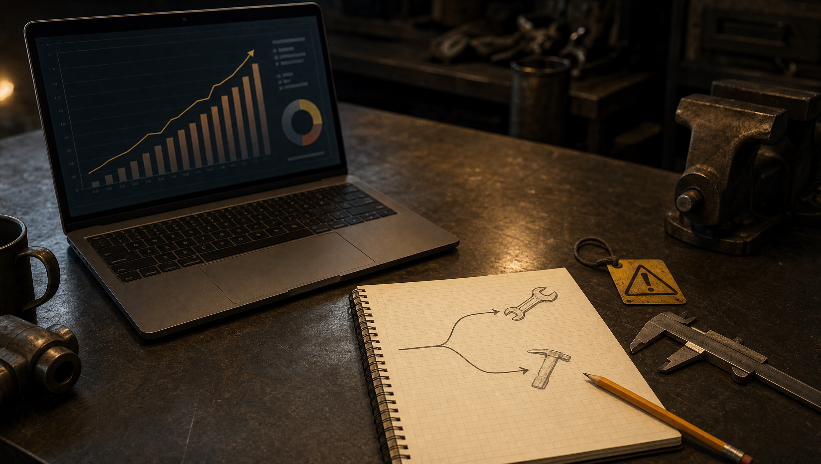 Dark workbench with a laptop billing graph, notebook decision paths, caliper, and warm task light.