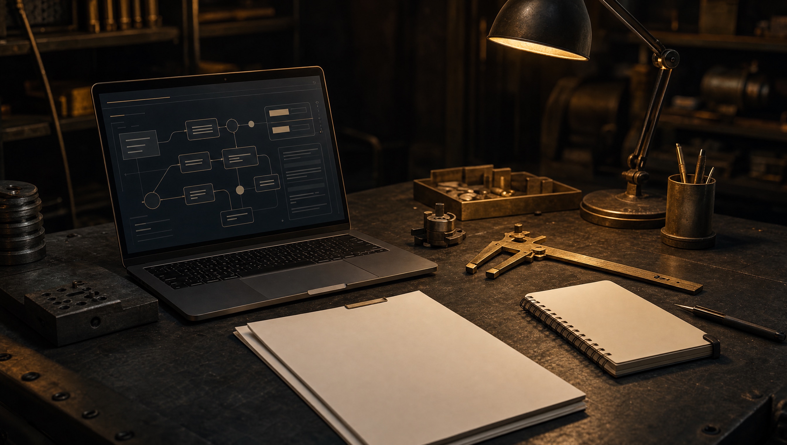 Dark workbench with intake forms, workflow notes, laptop dashboard, and warm task light.