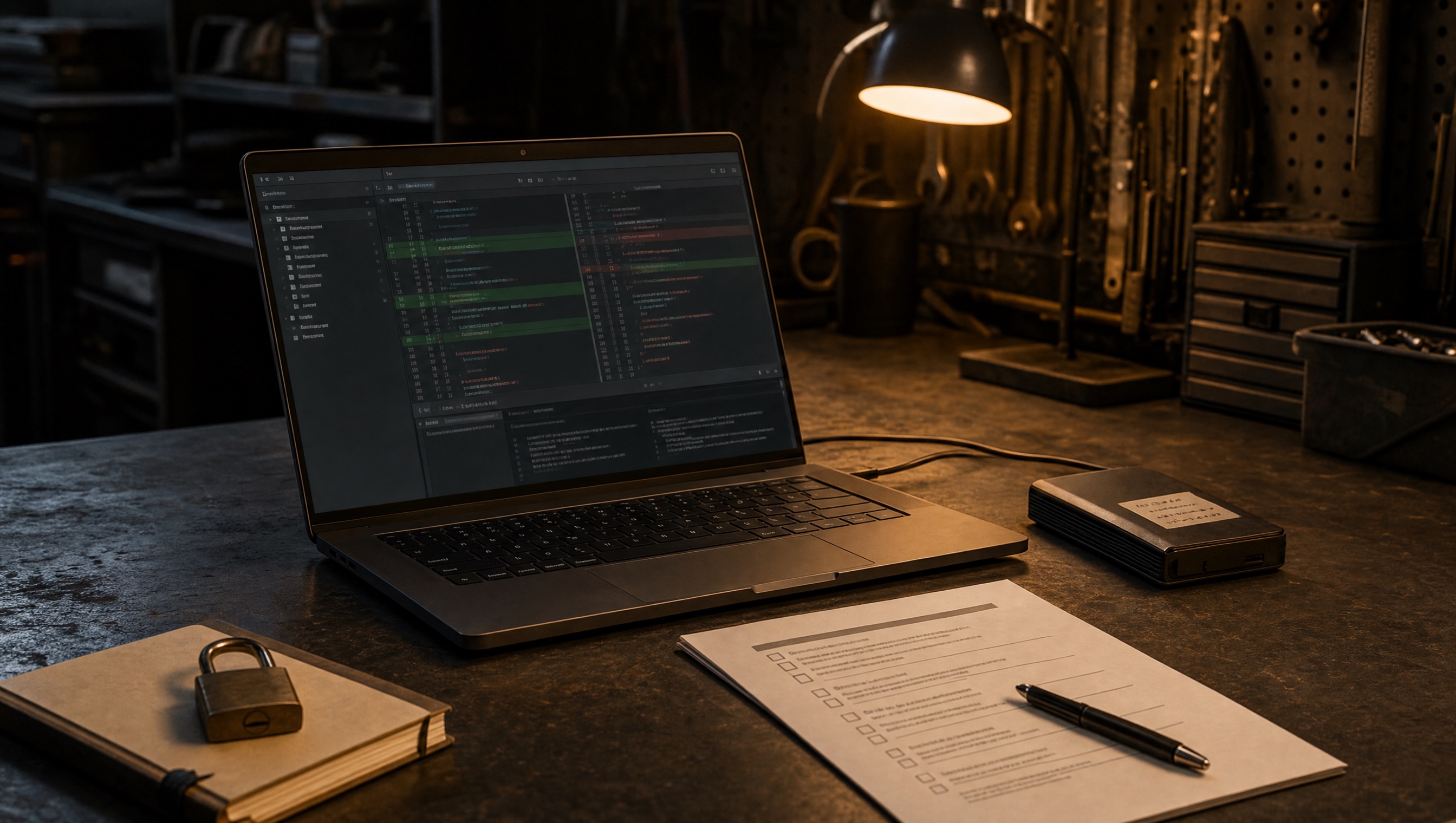 Dark workbench with a laptop code diff, lock, deployment checklist, and database backup drive.