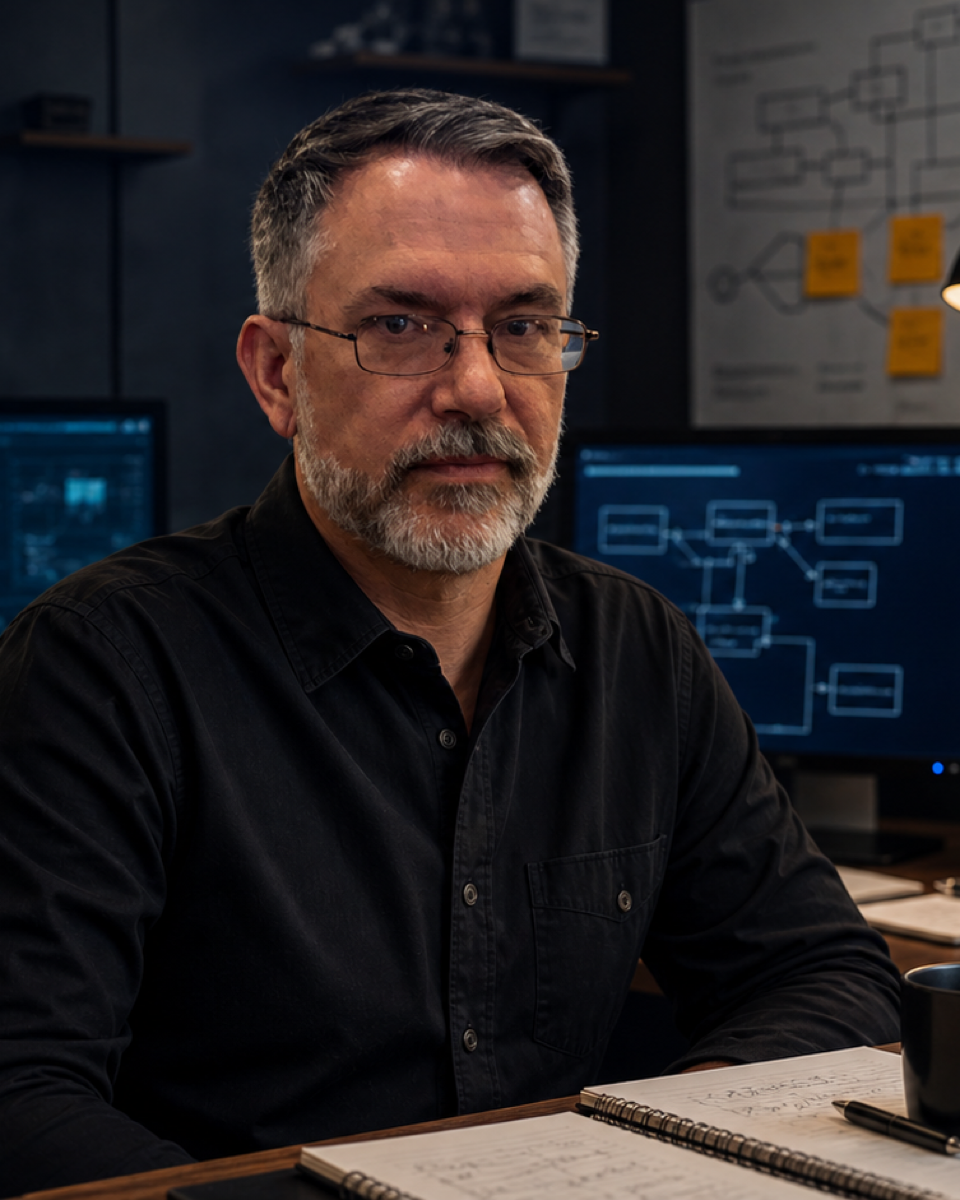 Ted Darling at a desk with notes and workflow diagrams.
