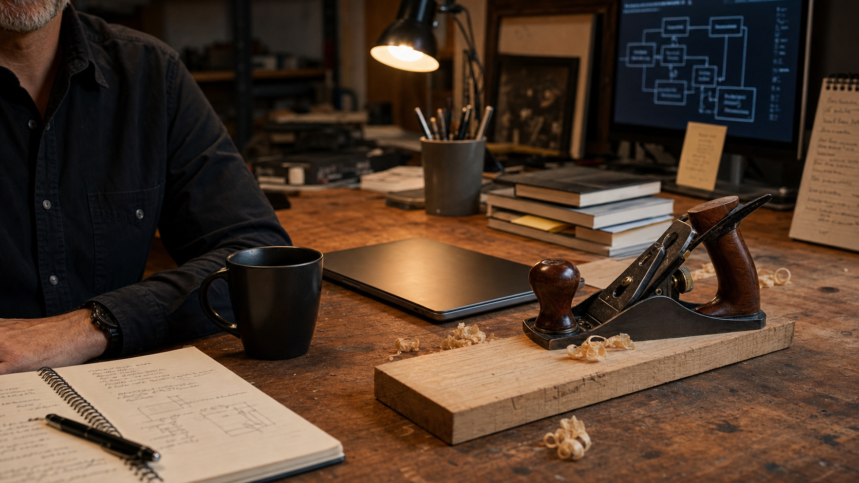 A working desk in a low-lit shop — monitor, plants, calipers, and warm worklight.
